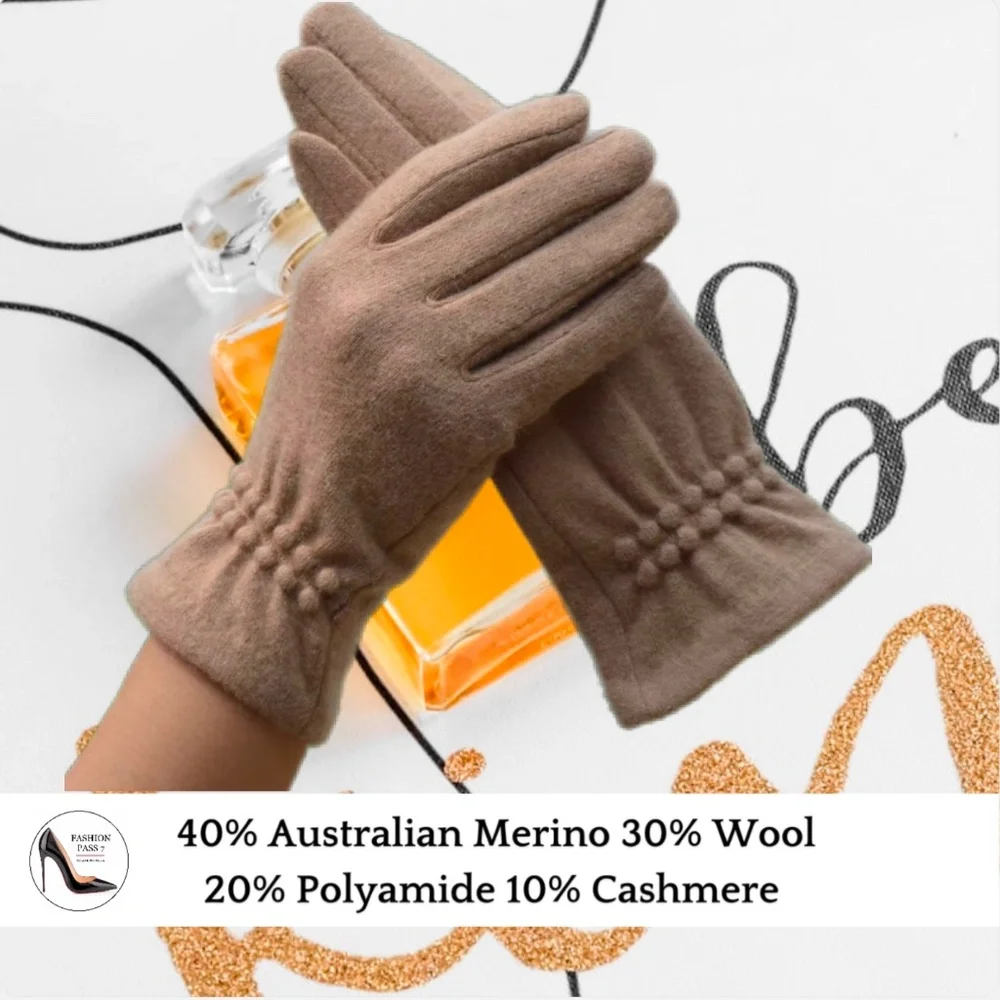 Luxury Cashmere Merino Wool Gloves Classic Beige Driving Winter Warm Cozy Gloves - Picture 2 of 6